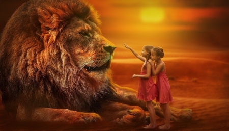 Little girls and a giant lion - zodiac, girl, lion, leu, summer, sunset, copil, giant, children, pink, animal, orange, little