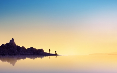 Summer time - silhouette, people, water, summer, black, fantasy, purple, yellow, sea