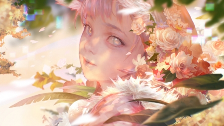 Royal Blood Bard - girl, flower, pink, bard, royal blood, fantasy, green, keunju kim, face, luminos