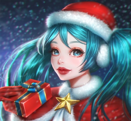 Christmas Miku - hatsune miku, craciun, gift, frumusete, fantasy, christmas, face, white, renaillusion, portrait, luminos, red, blue, anime, manga