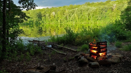 Campfire on the Lakeside - trees, nature, fire, camp, lake, forest