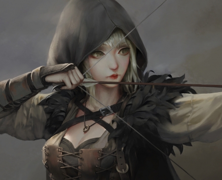 Archer - black, fantasy, hand, archer, hood, girl, dao le trong, art