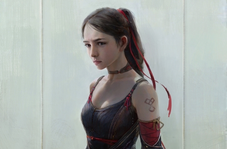 Girl - jinglin xu, art, girl, luminos, warrior, red, black, fantasy