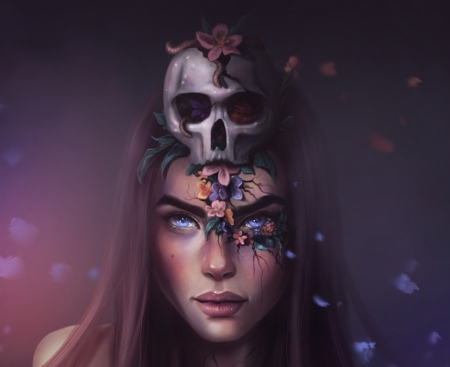 Conflicted - skull, girl, fantasy, face, purple, sandramalie, blue, luminos, pink, portrait