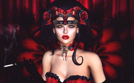 Beauty - rendering, girl, luminos, red, feather, cabaret, fantasy