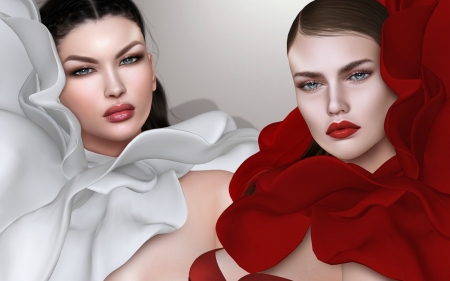 Beauties - fantasy, white, red, rendering, girl, couple