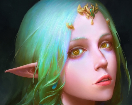 Elf girl - gjschoolart, portrait, elf, frumusete, fantasy, green, face, art, luminos