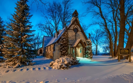 Chapel in Winter - sky, stones, trees, snow