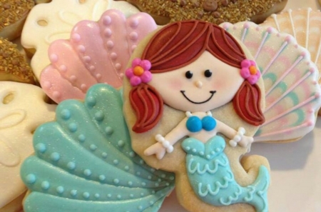 Mermaid Cookies - Cute, Mermaid, Cookies, Shells, Brunette, Pink, Blue