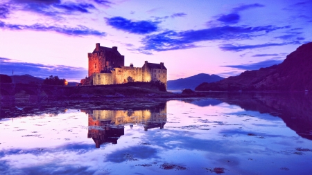 Reflection of the Castle - clouds, lake, mountains, reflection, castle, sky