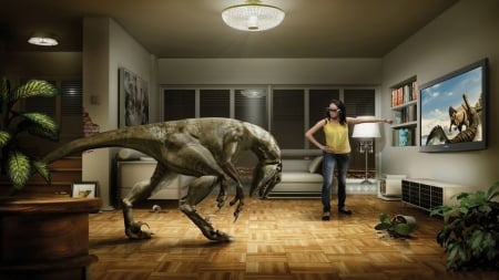 back where you belong - woman, room, tv, dinosaur