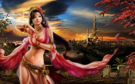 Oriental City - woman, female, girl, fantasy, art, pretty, beautiful, city, oriental, digital