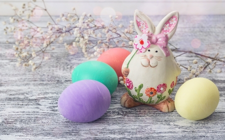 Happy Easter! - pink, easter, green, card, egg, bunny, spring