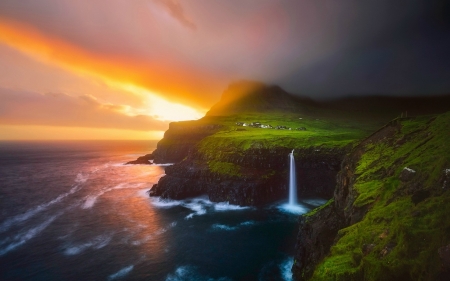 Island Sunset - clouds, Faroe, water, fields, Vagar, island, ocean, mountain, village, sunset, waterfall, Mulafossur, Denmark, Gasadalur, sun