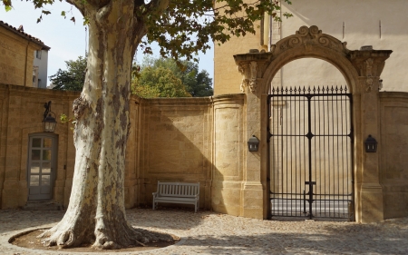 Gate and Bench - architecture, bench, tree, gate