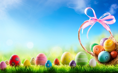 Easter Eggs - clouds, eggs, Holiday, grass, Easter, basket, Spring, ribbon, bow, sky