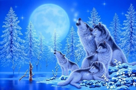 Winter Wolves Family - winter, paintings, snow, family, wolves, moons, dogs, white trees, love four seasons, animals