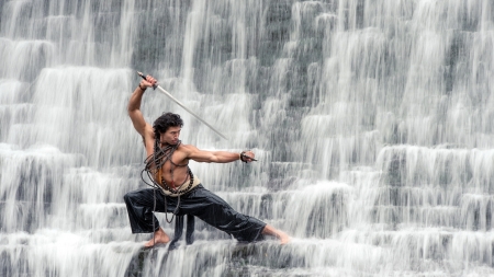 man of action - sword, katana, man, waterfall