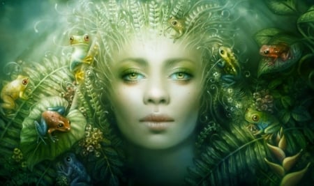 Queen of Frogs - face, digital, pretty, beauty, beautiful, girl, frogs, art, fantasy, female, woman