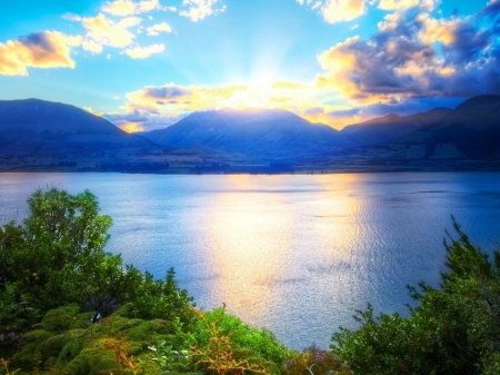 Relaxing Landscape with Mountains - nature, landscape, sunlight, clouds, blue, water, green, mountains