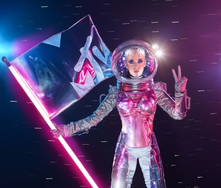 Katy Perry - blue, singer, girl, pink, Katy Perry, woman, astronaut, artist, flag