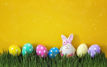 Happy Easter! - yellow, blue, grass, pink, bunny, easter, colorful, green, figurine, egg, card