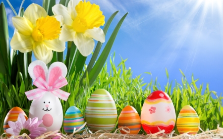 Happy Easter! - easter, blue, green, spring, egg, card, flower, bunny