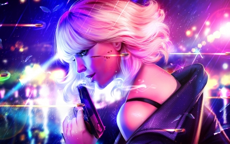 Atomic Blonde - frumusete, fantasy, blue, ayyasap, atomic blonde, girl, pink, luminos