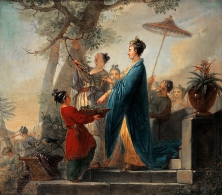 The Empress of China while Culling Mulberry Leaves - red, girl, umbrella, blue, art, christian bernhard rode, pictura, 1773, luminos, painting, parasol, woman