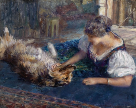 Odalisque palying with the dog - odalisque, blue, girl, dog, ferdinand max bredt, pictura, animal, painting, woman, caine, art, luminos