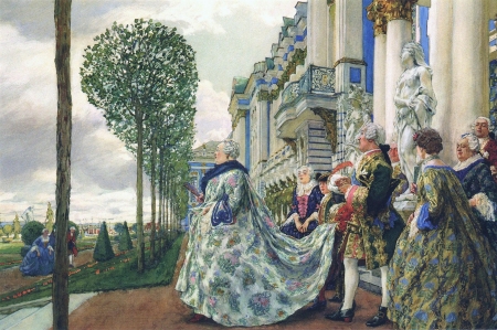 Empress Elizabeth Petrovna in Tsarskoe-Selo - empress, people, blue, pictura, yevgeny lansere, tsarskoe selo, green, painting, woman, elizabeth petrovna, art, luminos