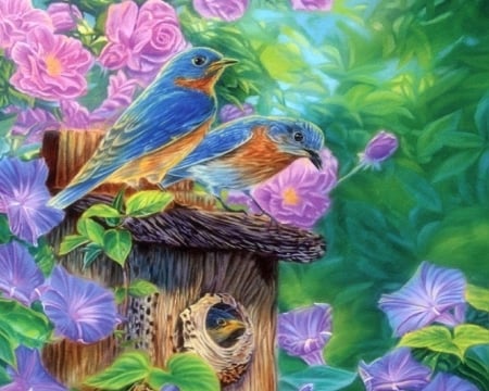 Family Time - birds, summer, paintings, spring, family, birdhouse, flowers, nature, love four seasons, animals