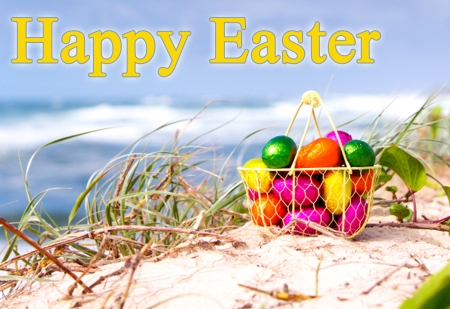 Happy Easter - eggs, basket, beach, greetings, sea, holidays