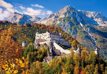 Hohenwerfen Castle, Austria - sky, building, trees, clouds, alps, mountains