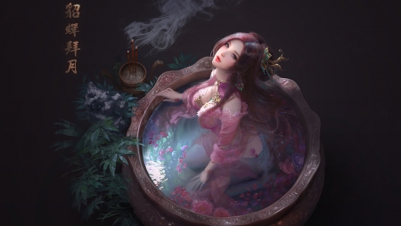 Diao Chan - ruoxin zhang, moon, water, diao chan, girl, bath, reflection, pink, frumusete, black, fantasy, asian, luminos, luna