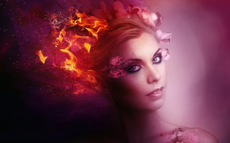 Fantasy girl - fantasy, phoenix, fire, face, pink, luminos