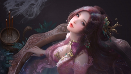 Diao Chan - girl, diao chan, water, frumusete, summer, fantasy, asian, ruoxin zhang, luminos, pink, bath