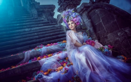 bride - flowers, bride, fantasy, beauty, petals, art, moonlight