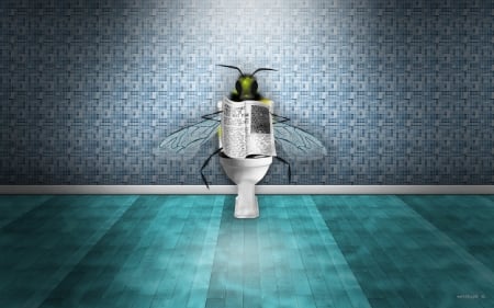 :D - funny, toilet, creative, fantasy, white, bee, situation, blue, paper, fly