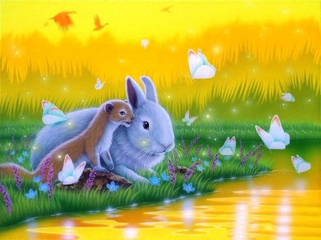 Spring Together - rabbit, butterflies, paintings, spring, grass, flowers, butterfly designs, nature, lakes, love four seasons, stoat, animals