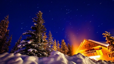 Lighted Winter Cabin - house, lighted, trees, nature, cabin, snow, sky