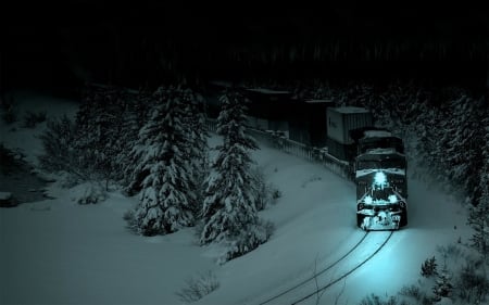 cold winter night - snow, train, freight, tree