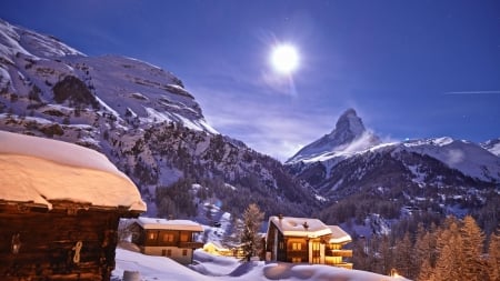 Sun Shinning on the Mountains - winter, nature, snow, mountains, houses, sun, cottage