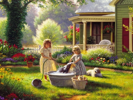 Spring cleaning - pretty, fun, grass, spring, home, joy, countryside, clean, garden, friends, yard, art, house, kids, beautiful, freshness, girls, painting, peaceful