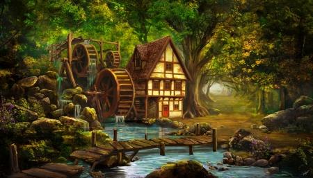 Forest mill - magical, watermill, mill, fantasy, creek, fairytale, art, forest, enchanted, bridge