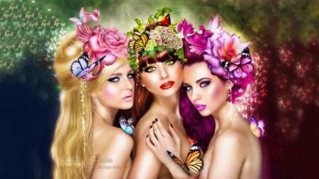 Three Beauties - women, pretty, flowers in hair, beautiful, girl, beauty, girls, fantasy, digital, woman, art