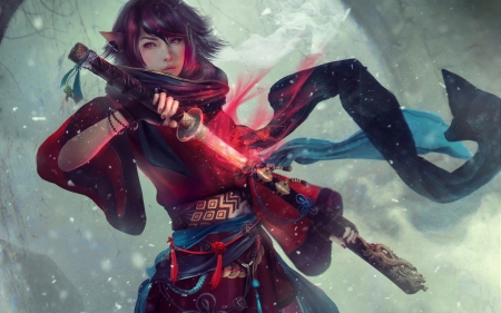 Oshia - eddy shinjuku, oshia, girl, eddyshinjuku, fantasy, ears, fox, katana, luminos, red, blue, sword