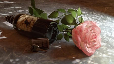 Rose - key, bottle, trandafir, flower, pink, kristina tsenova, fantasy, rose, art, luminos