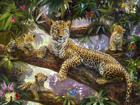 Tree top leopard family - cub, frumusete, fantasy, leopard, luminos, jungle, family, animal, tree, big cat