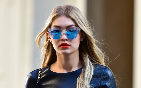 Gigi Hadid - woman, gigi hadid, girl, lips, sunglasses, model, blue, orange, blonde